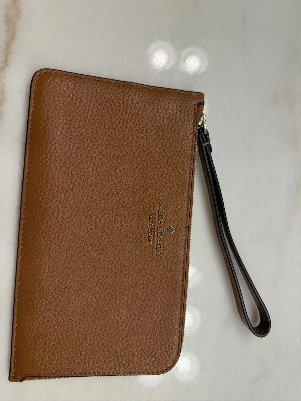 kate spade Brown Pebbled Leather Zip Wristlet with Strap